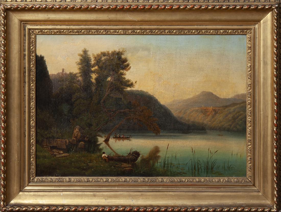 Continental School, "Fisherman at the Lake," 19th c.,: Continental School, "Fisherman at the Lake," 19th c., oil on canvas, presented in a wide gilt frame, H.- 15 in., W.- 22 in.