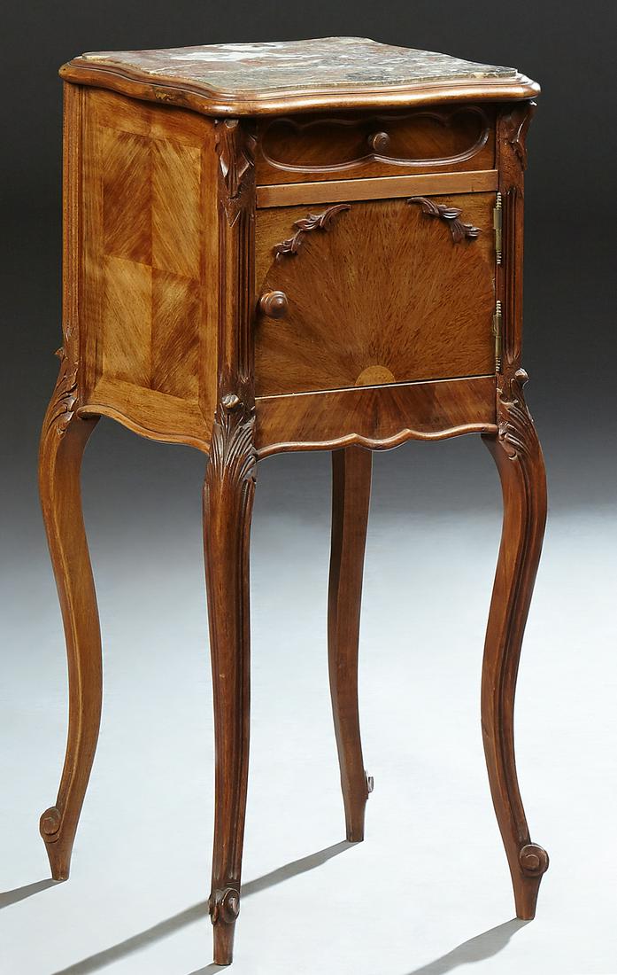 French Louis XV Style Carved Walnut Marble Top: French Louis XV Style Carved Walnut Marble Top Nightstand, early 20th c., the stepped serpentine square top with an inset highly figured brown marble, over a frieze drawer and a marble lined pot cupbo