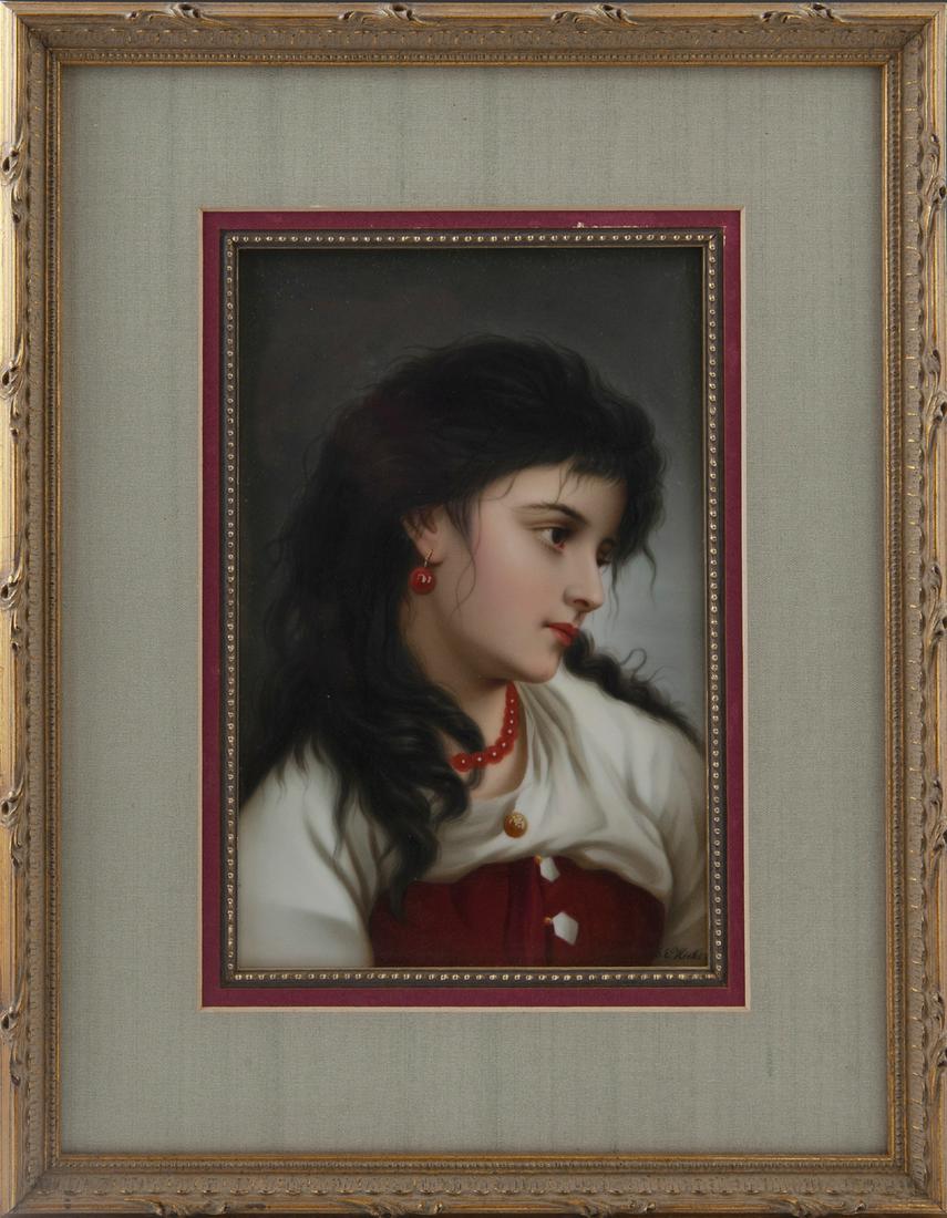 After George Edgar Hicks (1824-1914), "Dark Haired: After George Edgar Hicks (1824-1914), "Dark Haired Beauty," 19th c., porcelain plaque, perhaps KPM, signed lower right, presented in a gilt relief frame with a beaded liner, H.- 8 in., W.- 5 1/4 in.