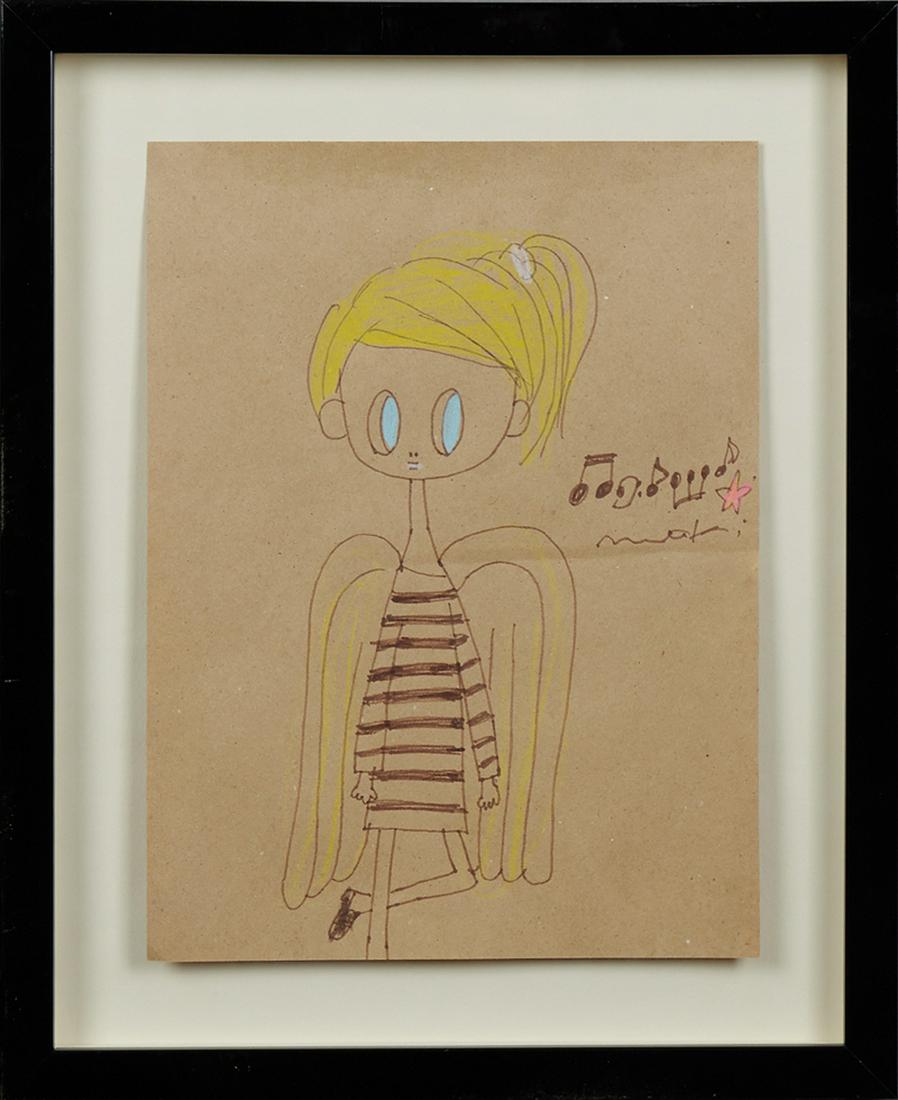 Maki Hosokawa (1980, Japanese), "Angel Song," 20th/21st: Maki Hosokawa (1980, Japanese), "Angel Song," 20th/21st c., watercolor on paper, signed right center, verso with a postcard for an exhibition, featuring this watercolor, presented in a black shadowbox