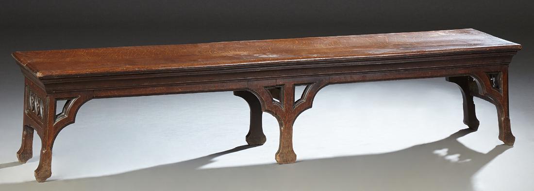 French provincial Carved Oak Gothic Revival Long Bench, (1 of 1)