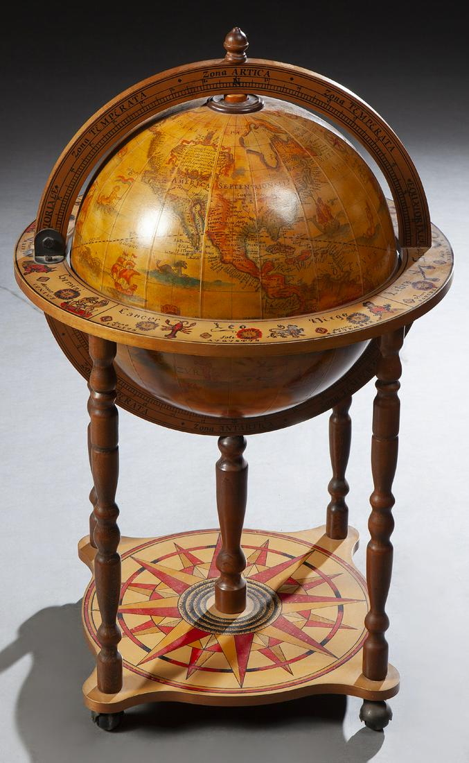 French Carved Walnut World Globe Bar, 20th c., with (1 of 3)