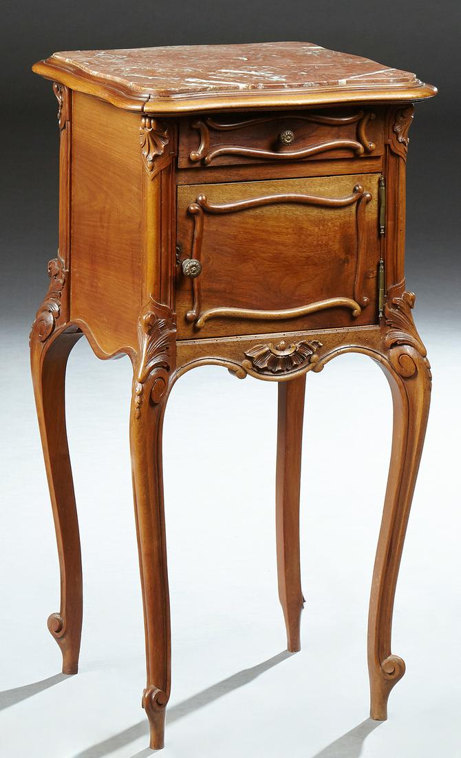 French Carved Walnut Marble Top Nightstand, early 20th (1 of 1)
