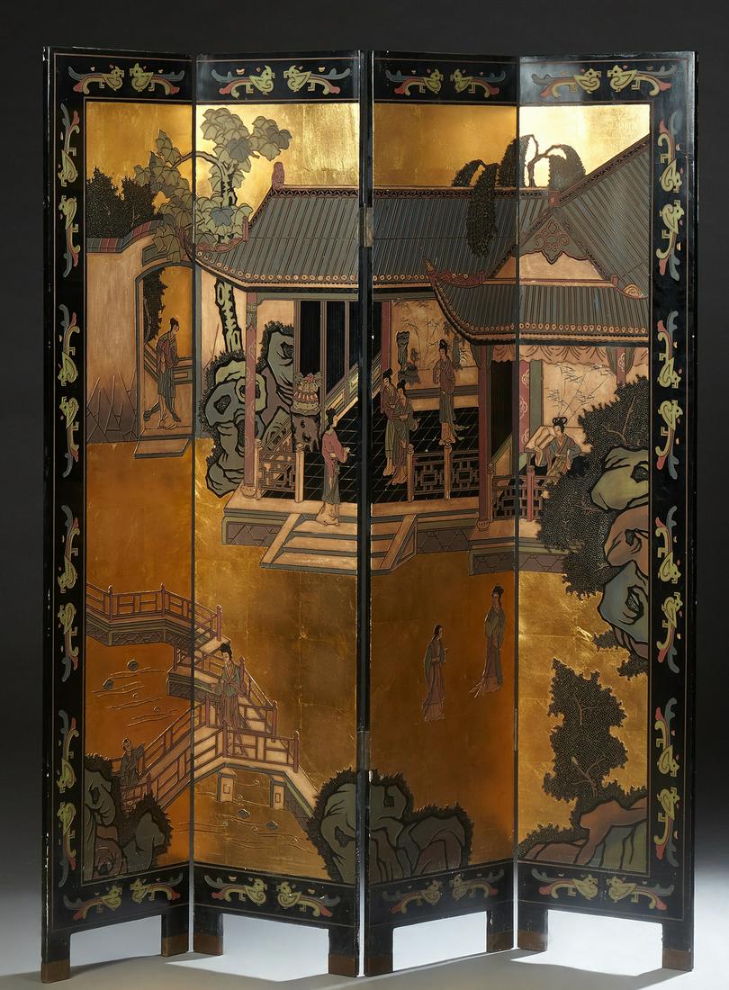 Chinese Four Panel Black Lacquer Dressing Screen, 20th (1 of 1)