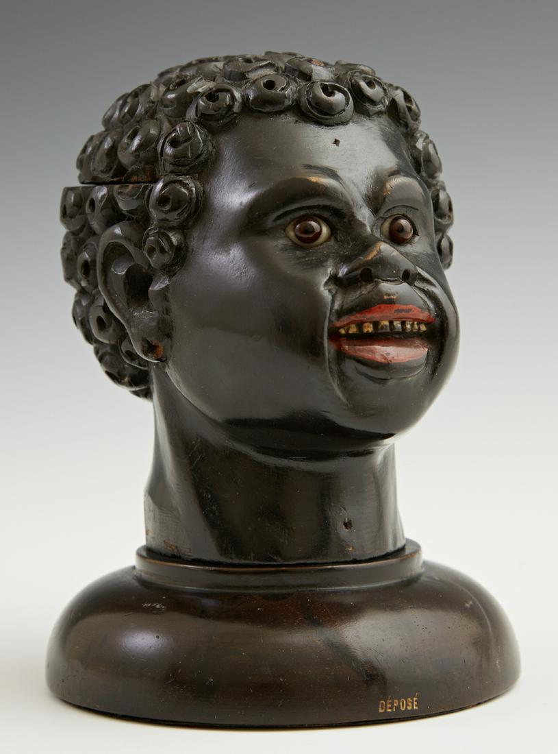 French Carved and Painted Wood Blackamoor Head Inkwell, (1 of 2)