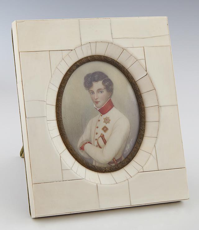 After Max Moritz Daflinger( 1790-1849), "Miniature: After Max Moritz Daflinger( 1790-1849), "Miniature Portrait of the Duke of Reichstadt," late 19th c., signed on the right side, presented in a segmented bone frame, H.- 3 1/8 in., W.- 2 7/16 in.