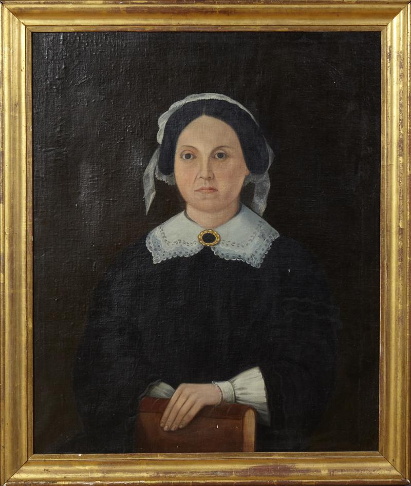 American School, "Susan North Hereford Duggins," 19th: American School, "Susan North Hereford Duggins," 19th c., oil on canvas, by family provenance by George Caleb Bingham, present in a gilt frame, H.- 29 1/2 in., W.- 24 3/8 in.