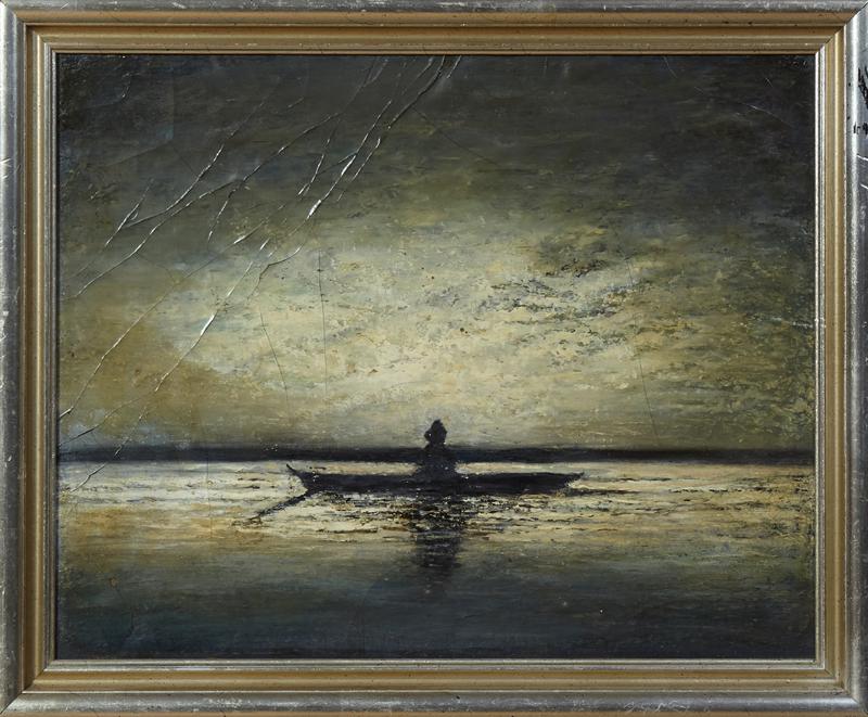 J. Pearce, "Man in a Flat Boat at Sundown," early 20th (1 of 2)