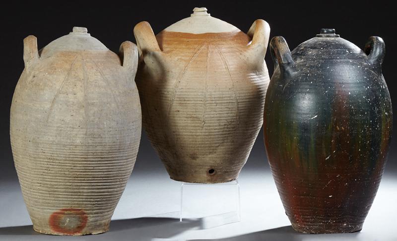 Three French Provincial Terracotta Wine Storage Jars,: Three French Provincial Terracotta Wine Storage Jars, 19th c., with double ring handles, Largest- H.- 15 1/2 in., W.- 17 1/2 in., D.- 14 in. (3 Pcs.)
