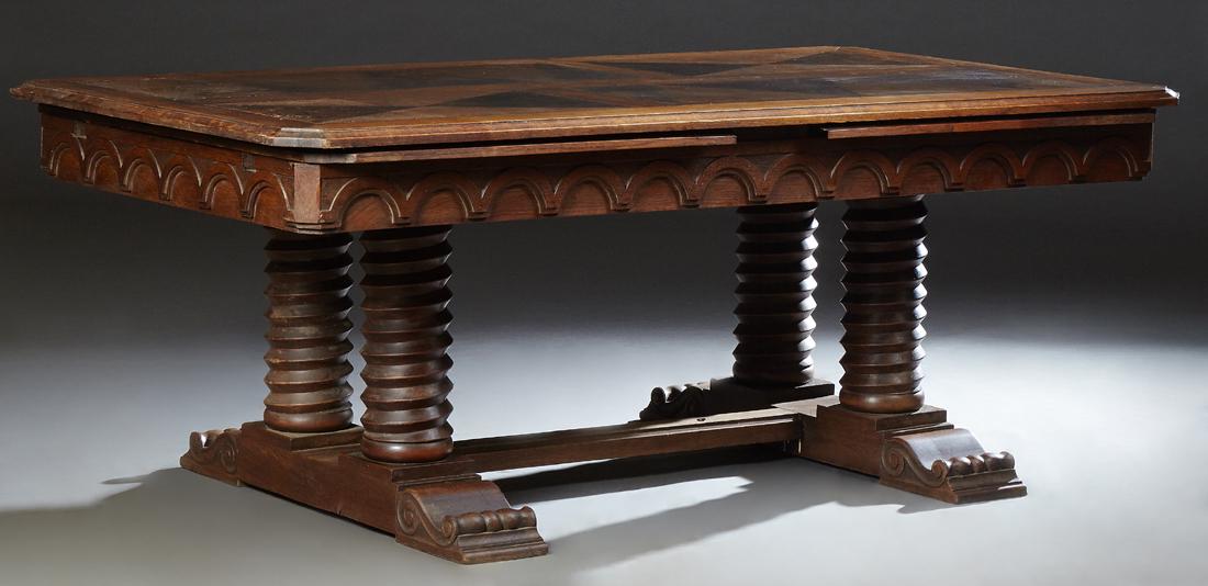 French Provincial Inlaid Oak Drawleaf Dining Table, (1 of 2)