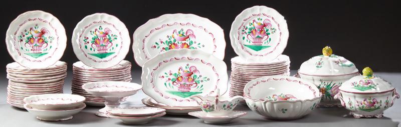 Seventy-Two Piece Set of French Provincial Dinnerware,: Seventy-Two Piece Set of French Provincial Dinnerware, 20th c., by St. Clement, with floral and bird decoration, consisting of 12 salad plates, 7 soup bowls, 39 dinner plates, a double lip saucier on 