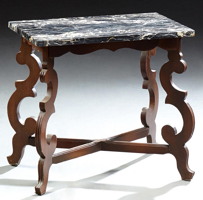 American Carved Mahogany Marble Top Lamp Table, c. (1 of 1)