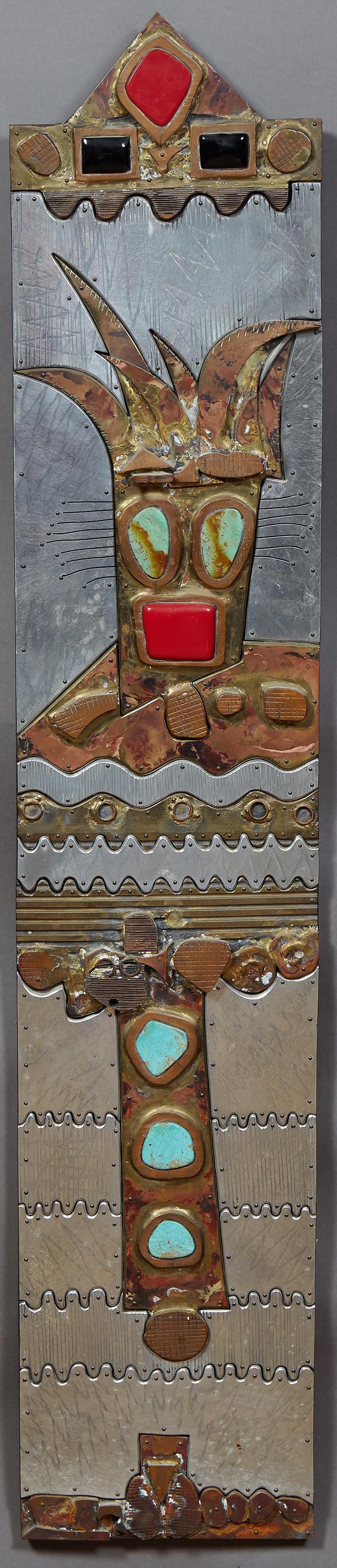 Thom Wheeler (1946-, Texas), "Headdress," mixed metal,: Thom Wheeler (1946-, Texas), "Headdress," mixed metal, turquoise, onyx and carnelian stone sculpture, 20th c., unsigned, mounted on a wooden backboard, H.- 51 12 in., W.- 10 in., D.- 2 in.