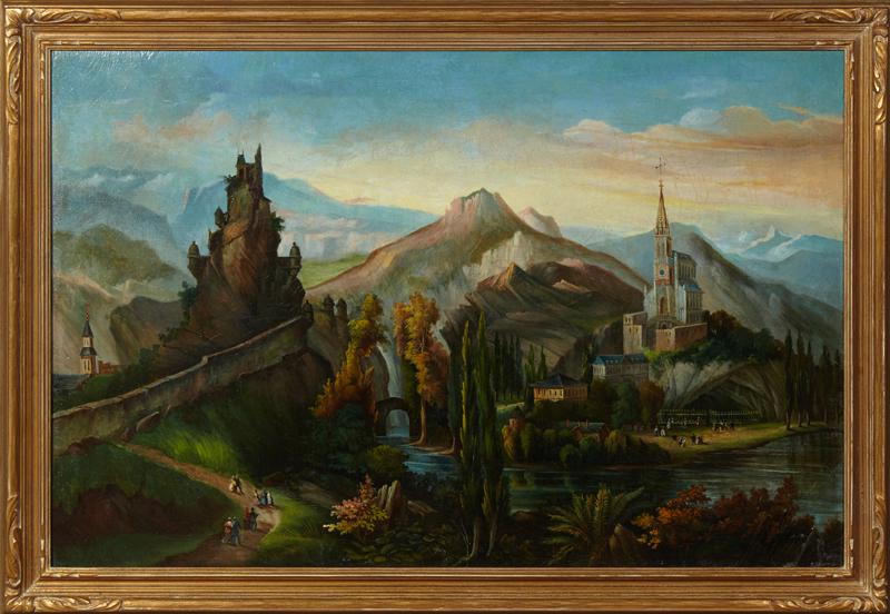 Continental School, "Church in the Mountains," 19th c.,: Continental School, "Church in the Mountains," 19th c., oil on canvas, presented in a carved giltwood frame, H.- 24 in., W.- 36 3/4 in.
