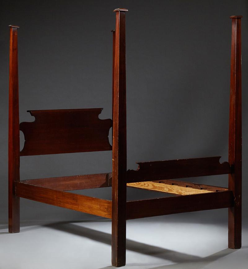 American Federal Style Carved Cherry Four Poster Bed,: American Federal Style Carved Cherry Four Poster Bed, 19th c., the four tapered square posts joined by a curved top headboard, wood rails, and a scrolled top footboard, now lacking the tester, H.- 86