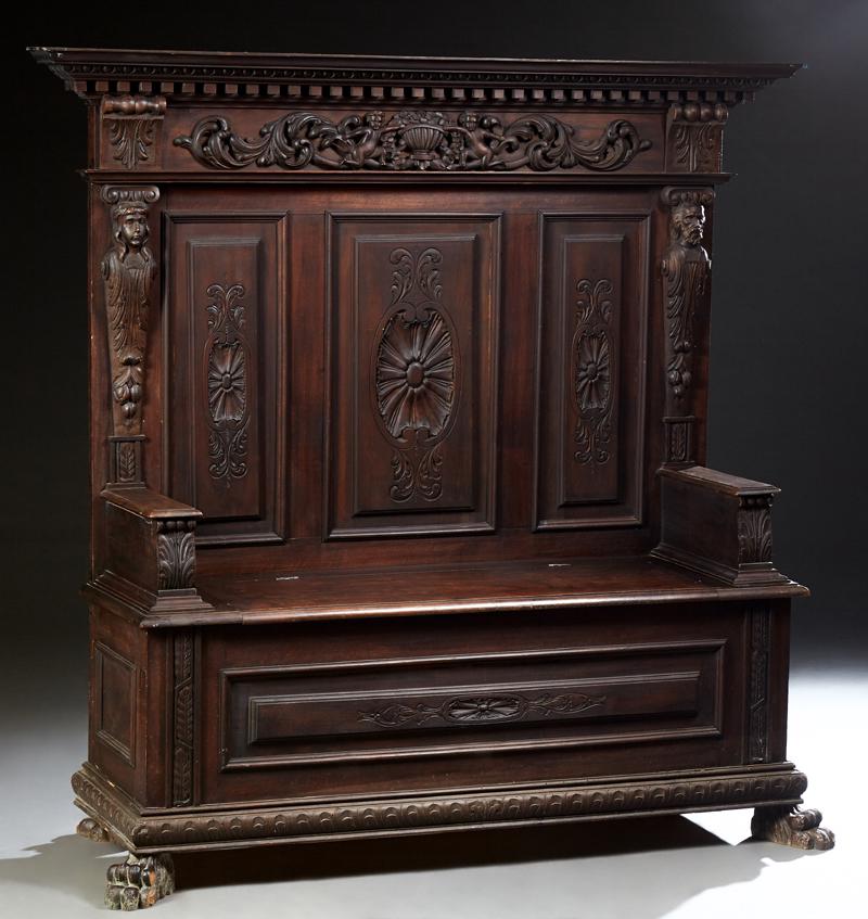 Continental Carved Oak Bench, 19th c., the stepped (1 of 2)