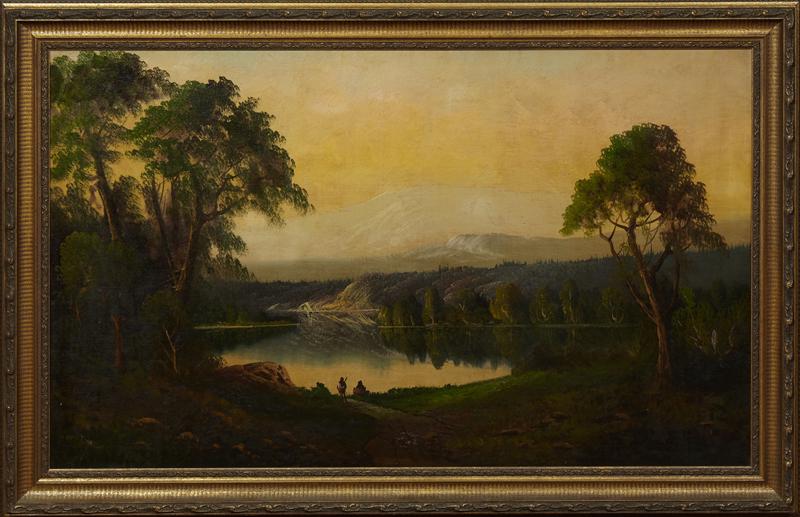 Hudson River School, "Figures by a Lake, Mountains: Hudson River School, "Figures by a Lake, Mountains Beyond," 19th c., oil on canvas, presented in a gilt and gesso frame, as found condition, H.- 29 1/2 in., W.- 49 1/2 in.