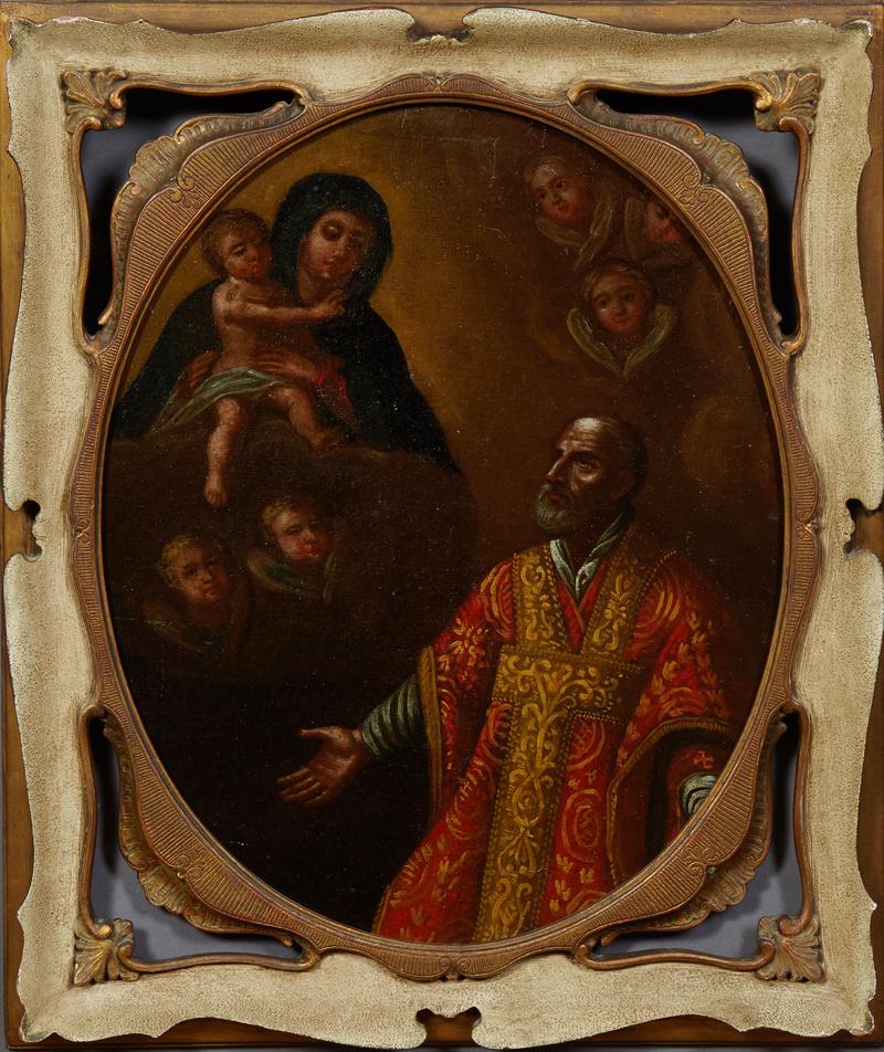 Continental School, "Madonna and Child with Angels,": Continental School, "Madonna and Child with Angels," 19th c., oval oil on canvas laid to panel, presented in a polychromed pierced corner frame, H.- 19 1/4 in., W.- 15 1/4 in.