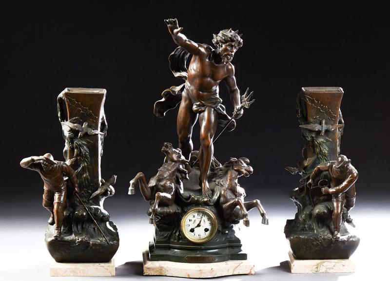 Impressive Three Piece Patinated Spelter Figural Clock (1 of 1)