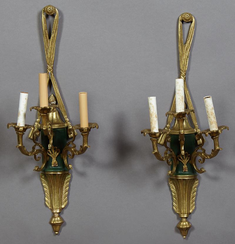 Pair of French Style Three Light Bronze Sconces, (1 of 1)