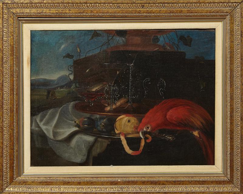 Continental School, "Still Life of a Parrot eating an: Continental School, "Still Life of a Parrot eating an Orange," 20th c., unsigned, presented in a gilt relief frame with a velvet liner, H.- 18 1/2 in., W.- 24 3/4 in.