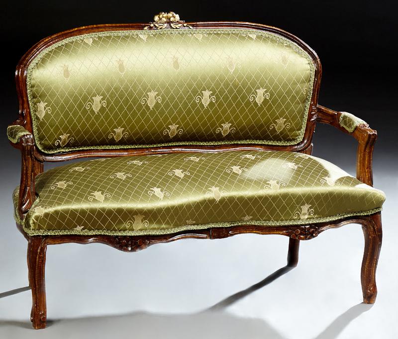 French Louis XV Style Child's Loveseat, early 20th c.,: French Louis XV Style Child's Loveseat, early 20th c., the floral carved curved crest rail over a curved upholstered back, to upholstered arms, above a serpentine cushioned seat, on scrolled cabriole 
