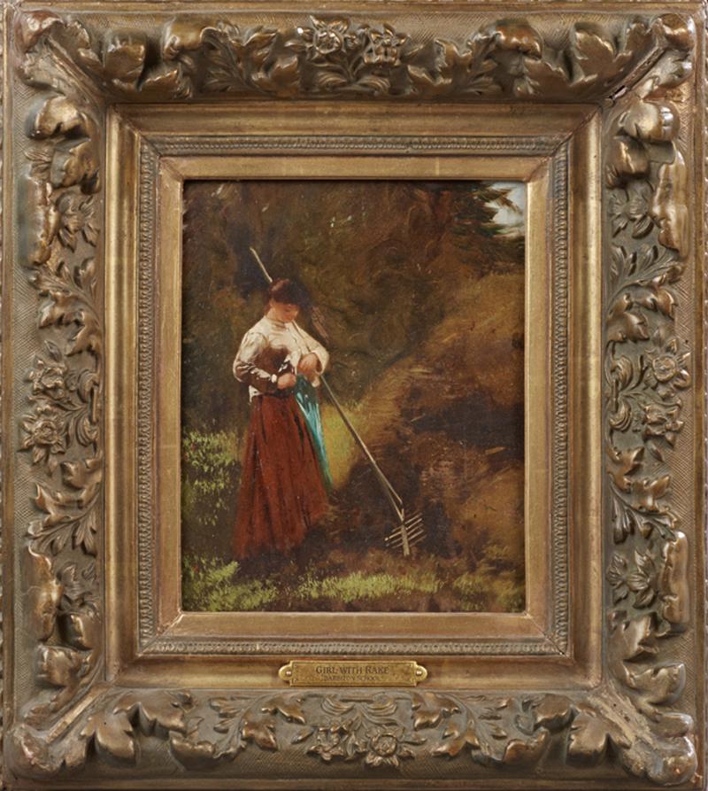 French School, "Peasant Girl with Rake," 19th c., oil (1 of 1)