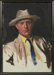 Wayman Adams (1883-1959, Texas), "Portrait of Mr. Dolby: Wayman Adams (1883-1959, Texas), "Portrait of Mr. Dolby in a Blue Tie," oil on canvas, unsigned, identified verso, framed, H.- 27 in., W.- 19 in. Provenance: Estate of Wayman Adams and descended in