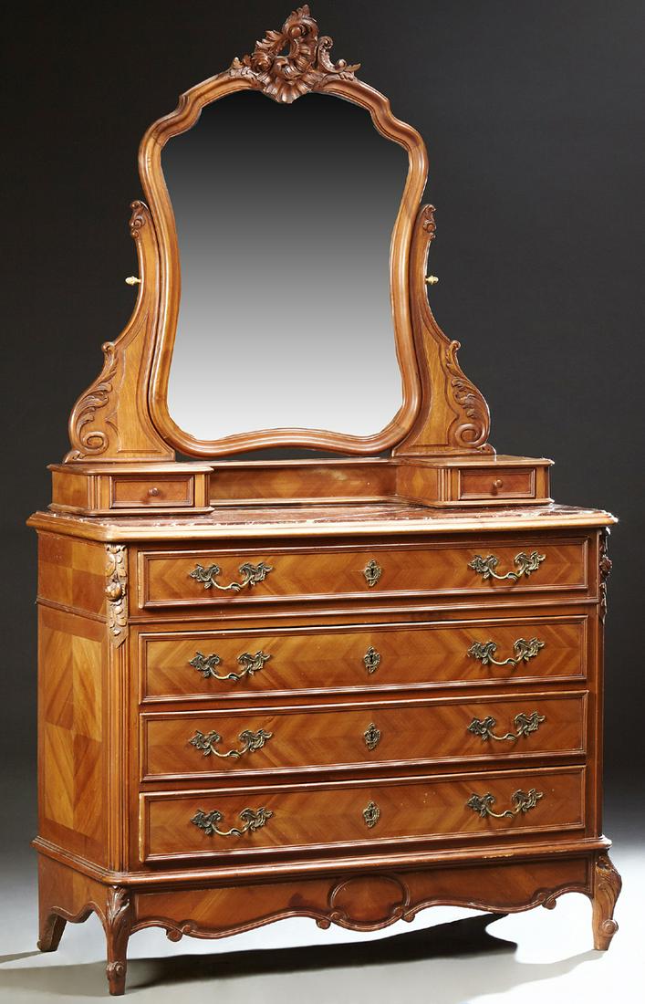 French Louis XV Style Dresser, early 20th c., the: French Louis XV Style Dresser, early 20th c., the shaped swiveling mirrroon a yoke with two glove drawers, on a stepped edge base with a frieze drawer over three deep drawers, on scrolled cabriole leg