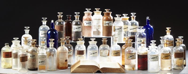 Group of Forty Glass Apothecary Bottles, early 20th c., (1 of 3)