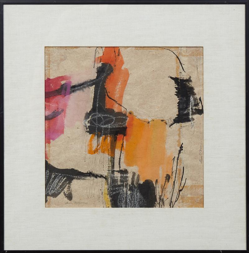 David Morrison, "Abstract," 20th c., mixed media,: David Morrison, "Abstract," 20th c., mixed media, pencil signed lower left center, presented in a black metal frame with a wide linen mat, H.- 12 in., W.- 12 in.