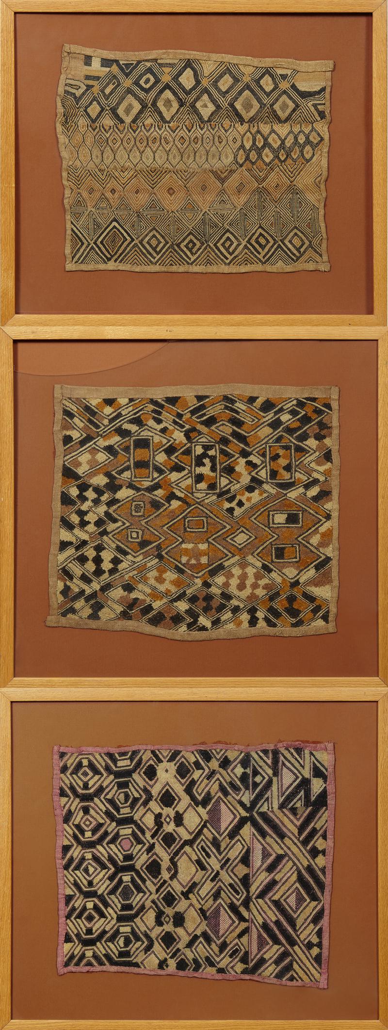 Group of Three African Kuba Cloth Textiles, framed, (1 of 7)