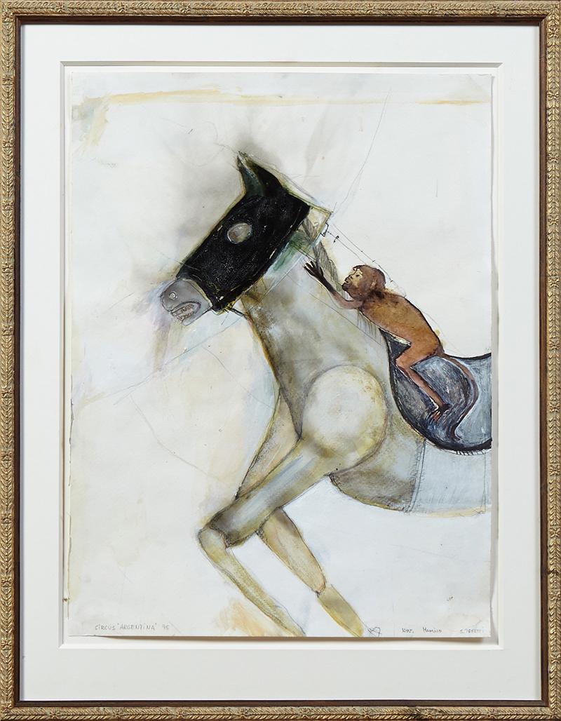 Sibylle Peretti, "Circus Argentina," 1995, oil on: Sibylle Peretti, "Circus Argentina," 1995, oil on paper, pencil titled and dated lower left margin, pencil signed and placed "Mexico" lower right, presented in a gilt frame, H.- 15 1/2 in., W.- 11 3/4
