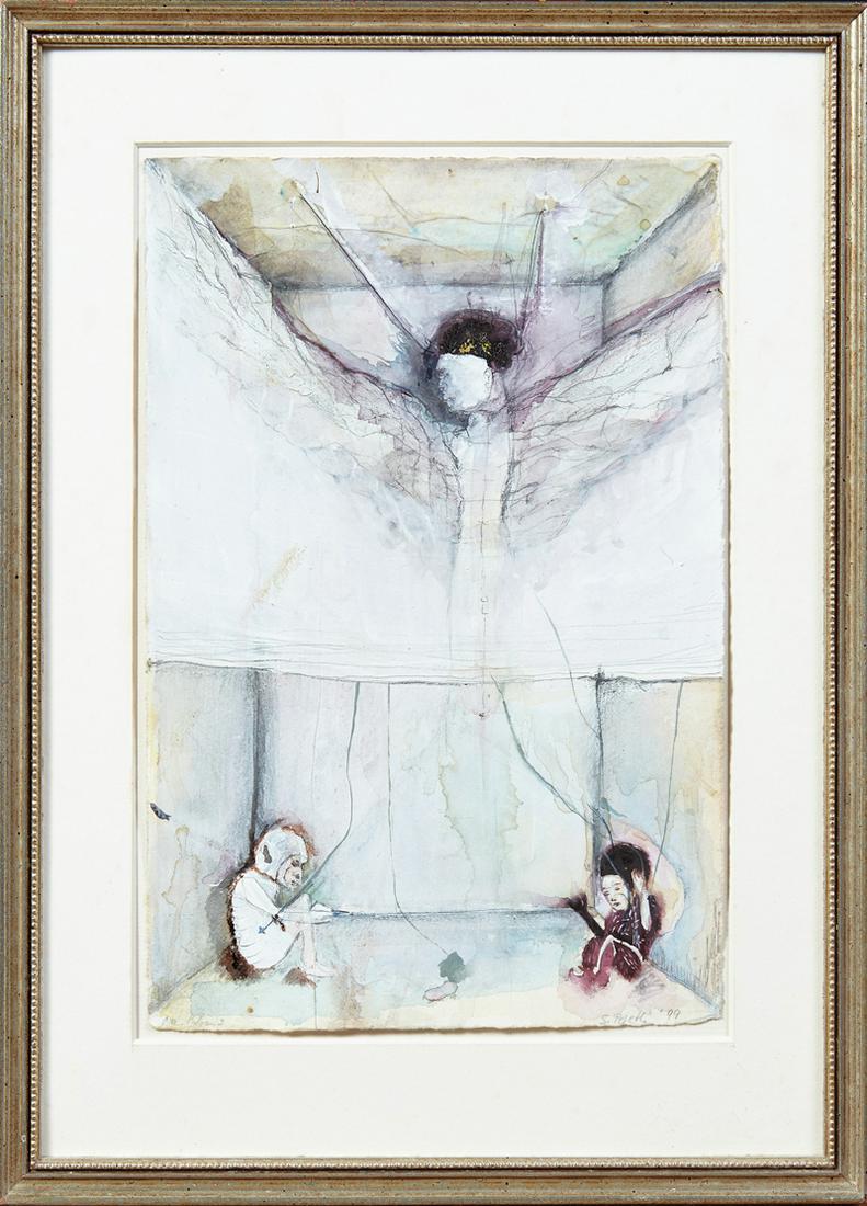 Sibylle Peretti (1964- German), "Figures in a Room,": Sibylle Peretti (1964- German), "Figures in a Room," 1999, watercolor, pencil signed and dated lower right, pencil placed "New Orleans" lower left, presented in a silvered wood frame, H.- 10 1/4 in.,