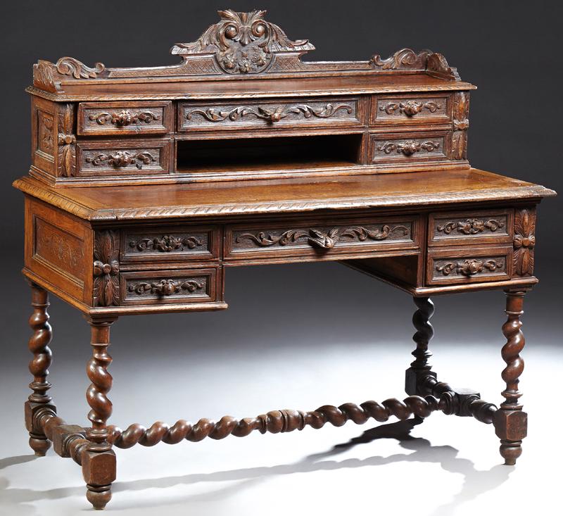 French Henri II Style Carved Oak Desk, c. 1880, with a (1 of 1)