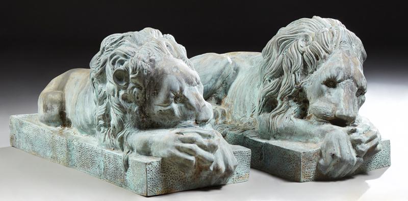 Pair of Large Bronze Recumbent Lions, 20th c., green (1 of 9)