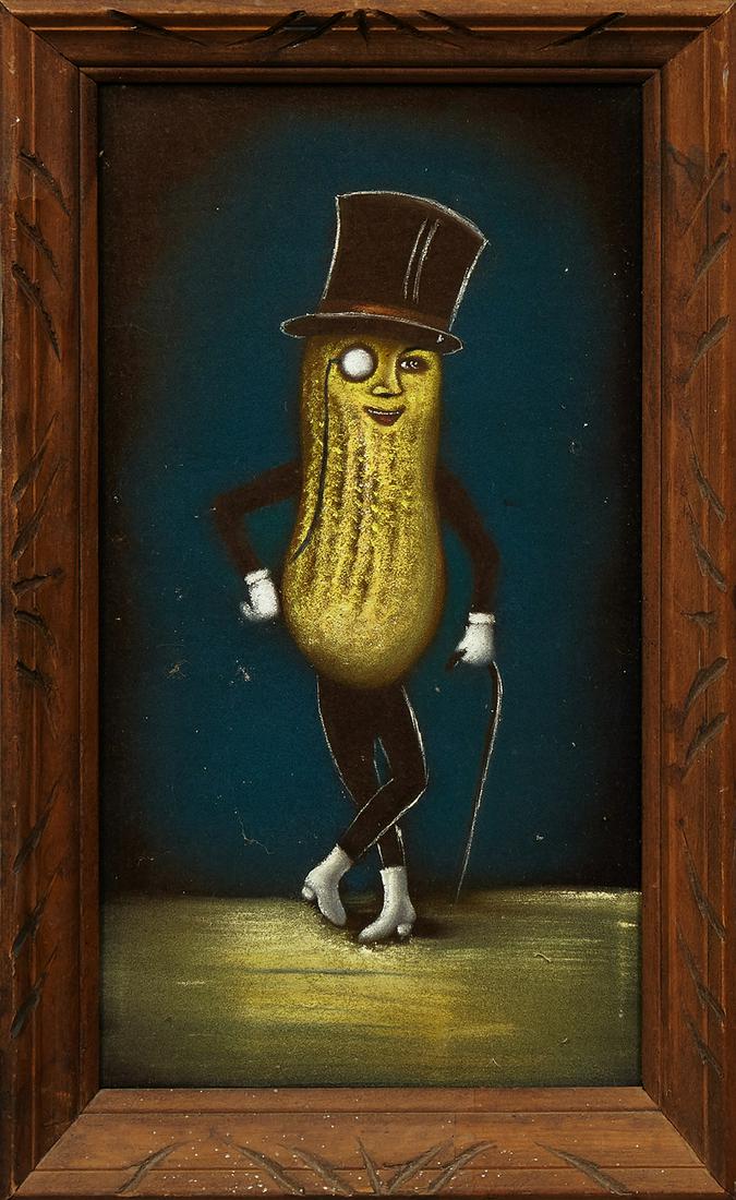 Mexican School, "Mr. Peanut," 20th c., oil on velvet,: Mexican School, "Mr. Peanut," 20th c., oil on velvet, presented in a carved beech frame, H.- 19 1/4 in., W.- 10 1/4 in.