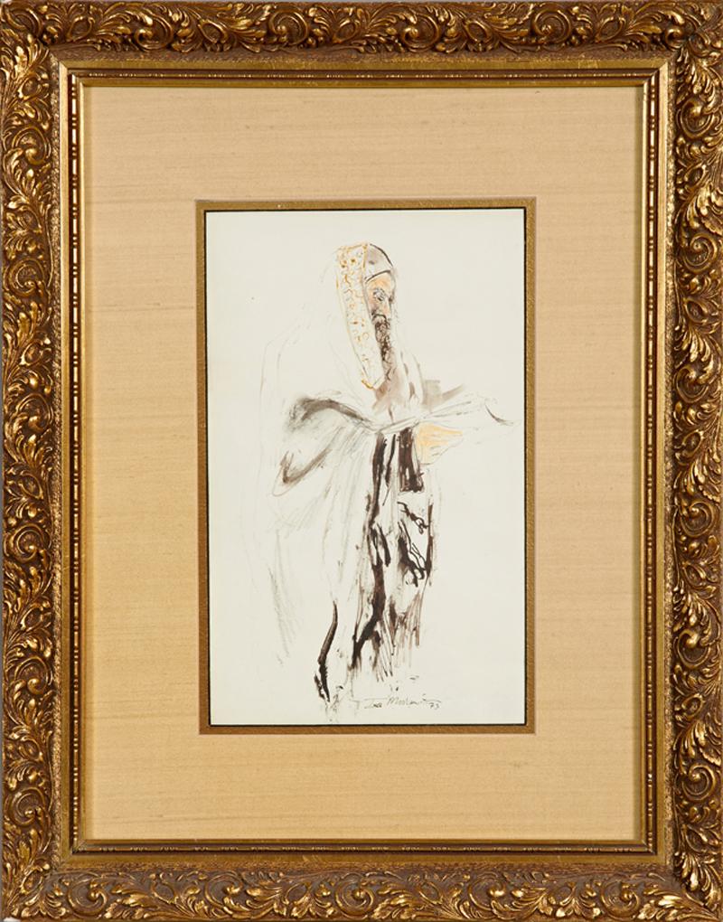 Ira Moskowitz (1912-2001), "Prayer," 1973, watercolor,: Ira Moskowitz (1912-2001), "Prayer," 1973, watercolor, signed lower right, presented in an ornate gilt frame, Provenance: The Collection of Moise Steeg, New Orleans, H.- 12 in., W.- 7 1/4 in.