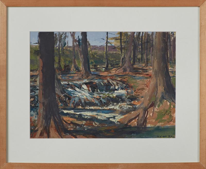 Henry Coe (1946- , American), "Stream, Kendall County,": Henry Coe (1946- , American), "Stream, Kendall County," 1987, oil on paper, signed and dated lower right, presented in a blonde wood frame, titled verso, H.- 9 3/4 in., W.- 13 5/8 in. Provenance: Prop