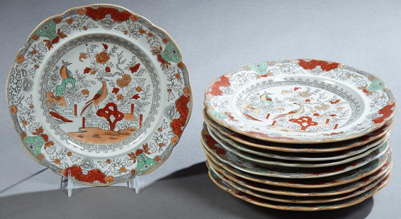 Set of Ten Mason: Set of Ten Mason's Ironstone Dinner Plates, 19th c., with scalloped rims, in iron red and green transfer Chinese style decoration, H.- 1 1/4 in., Dia.- 10 1/4 in. (10 Pcs.)