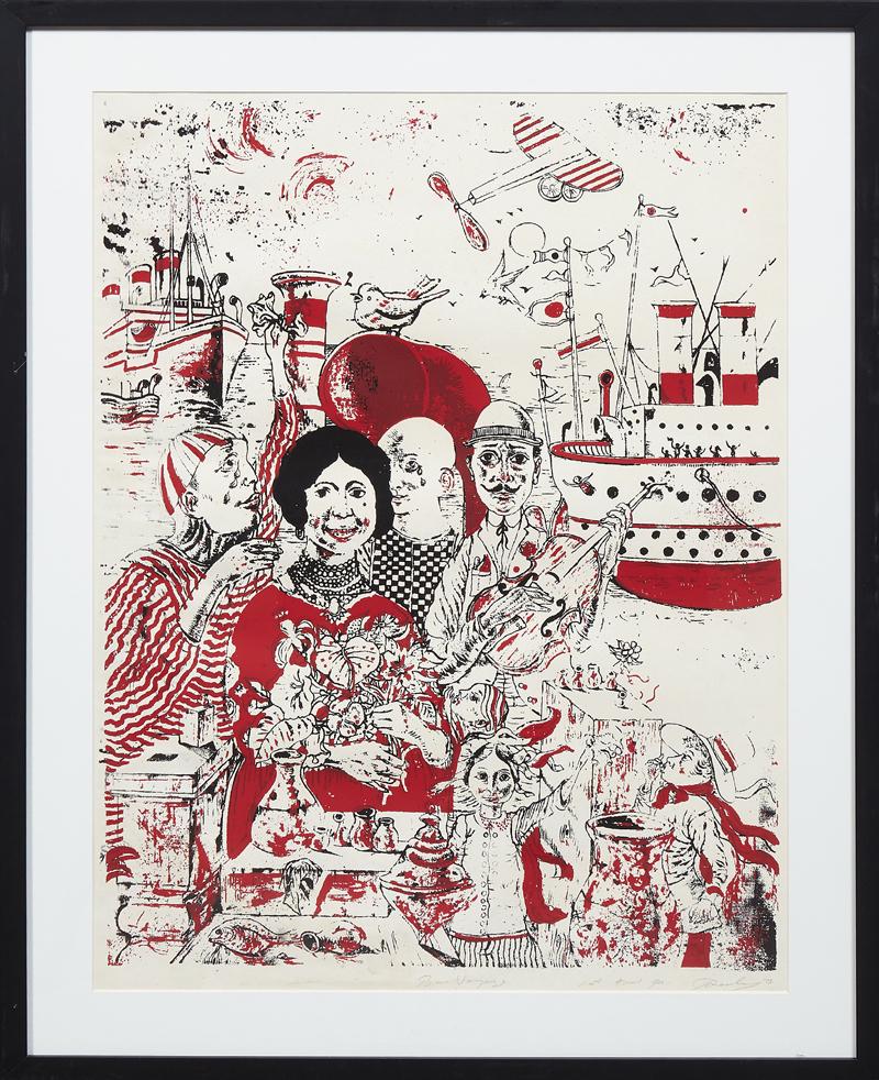 Noel Rockmore (1928-1995, New Orleans), "Bon Voyage,": Noel Rockmore (1928-1995, New Orleans), "Bon Voyage," 1970 color serigraph from the "Immigration" series, pencil titled lower center, pencil marked "1st Trial Pr." lower right center, pencil signed an