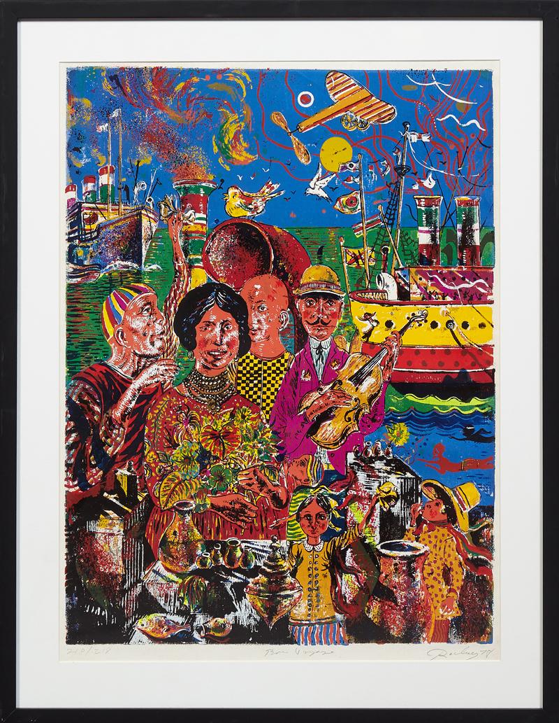Noel Rockmore (1928-1995, New Orleans), "Bon Voyage,": Noel Rockmore (1928-1995, New Orleans), "Bon Voyage," 1970 color serigraph from the "Immigration" series, pencil titled lower center, pencil numbered 210/218 lower left, pencil titled lower right cent
