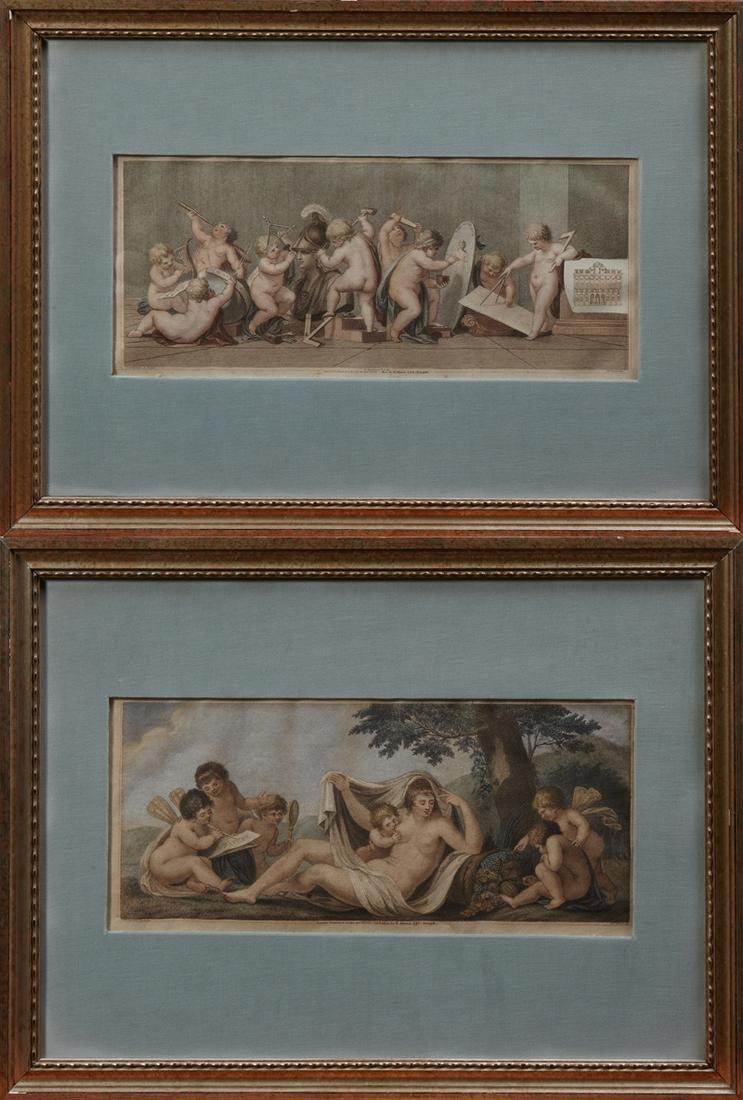 After Francesco Bartolozzi (1727-1815), "Putti in: After Francesco Bartolozzi (1727-1815), "Putti in Nature," and "Putti and the Arts," 1807, two colored etchings by Giovanni Bautista (1766-1839), presented in silvered gesso frames, H.- 8 1/4 in., W.-