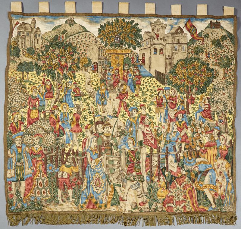 French Cotton Wall Hanging, 20th c., of a busy medieval: French Cotton Wall Hanging, 20th c., of a busy medieval scene, on a silk backing with hanging pockets, and a fringed bottom, H.- 48 in., W.- 54 1/2 in.