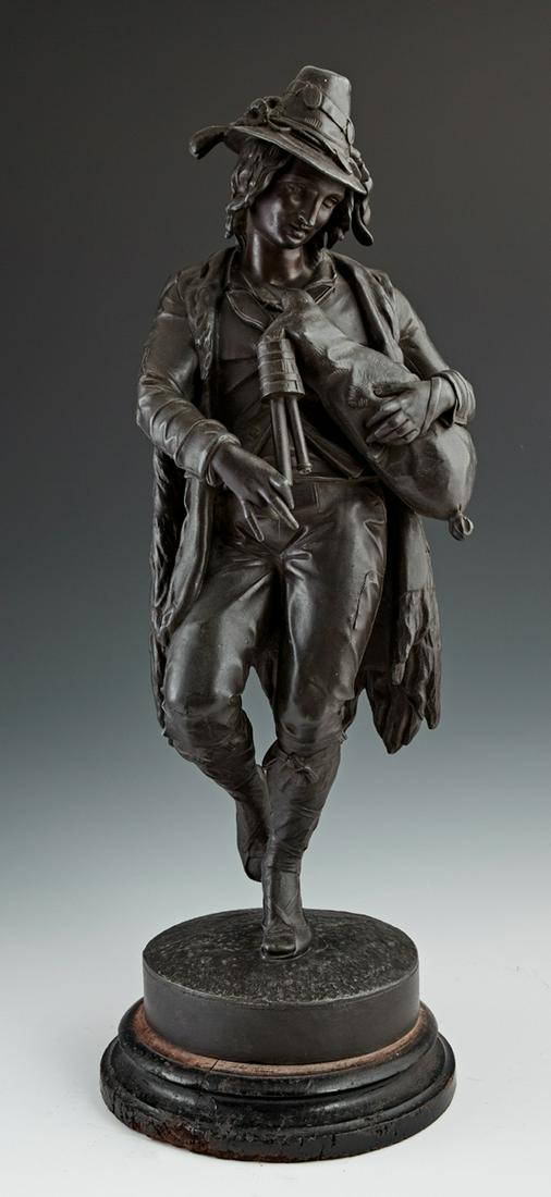 English Patinated Spelter Figure of a Bagpiper, c.: English Patinated Spelter Figure of a Bagpiper, c. 1900, on a carved wood ebonized plinth, H.- 20 1/2 in., Dia.- 7 in.