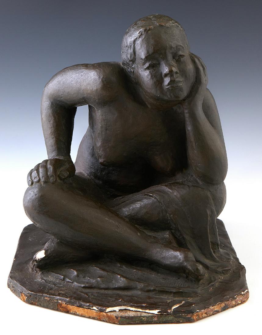 C. Haupt (Possibly Charlotte Haupt, Ohio), "Seated: C. Haupt (Possibly Charlotte Haupt, Ohio), "Seated Pensive Nude Woman," 20th c., polychromed plaster, signed on top rear of integral nonagon base, H.-12 in., W.- 10 1/4 in., D.- 12 in.