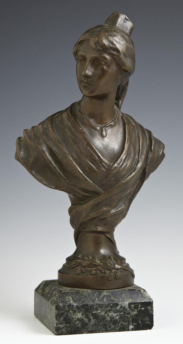 French Cabinet Bronze, late 19th c., of a medieval: French Cabinet Bronze, late 19th c., of a medieval woman, on a relief decorated socle support, to a verde antico marble base, H.- 9 in., W.- 4 1/2 in., D.- 2 7/8 in.