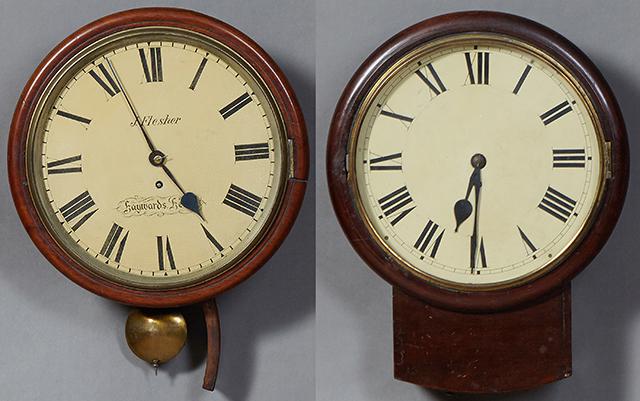 Two English Carved Mahogany Schoolhouse Clocks, 19th (1 of 3)