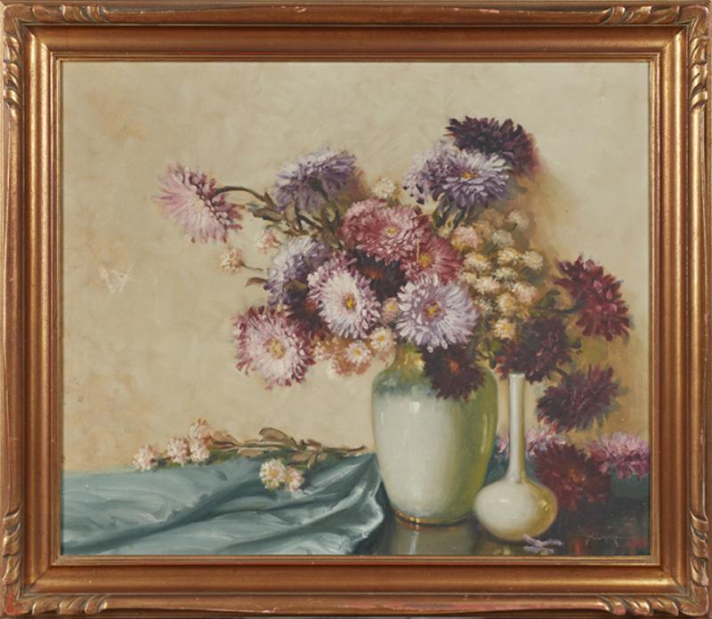 Aubrey Dale Greer (1904-1998), "Floral Still Life with: Aubrey Dale Greer (1904-1998), "Floral Still Life with Two Vases," 20th c., oil on canvas, signed lower right., framed, H.- 24 1/2 in., W.- 29 1/2 in.