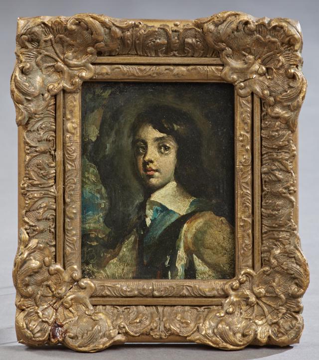British School, "Portrait of a Young Boy," 19th c., oil: British School, "Portrait of a Young Boy," 19th c., oil on board, signed in monogram "TB" lower left, presented in a period gilt and gesso frame, H.- 4 3/4 in., W.- 3 3/4 in. Provenance: Private Colle